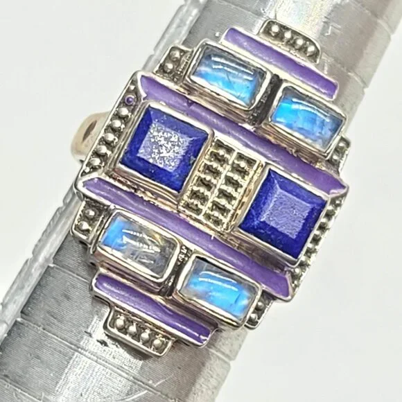 Nicky Butler sterling 925 lapis lazuli moonstone geometric ring purple enamel, 7 - Picture 8 of 10